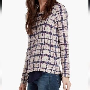 Lucky Brand Sweatshirt Ivory Blue Pink Plaid Back Split Boho Pullover FLAW
